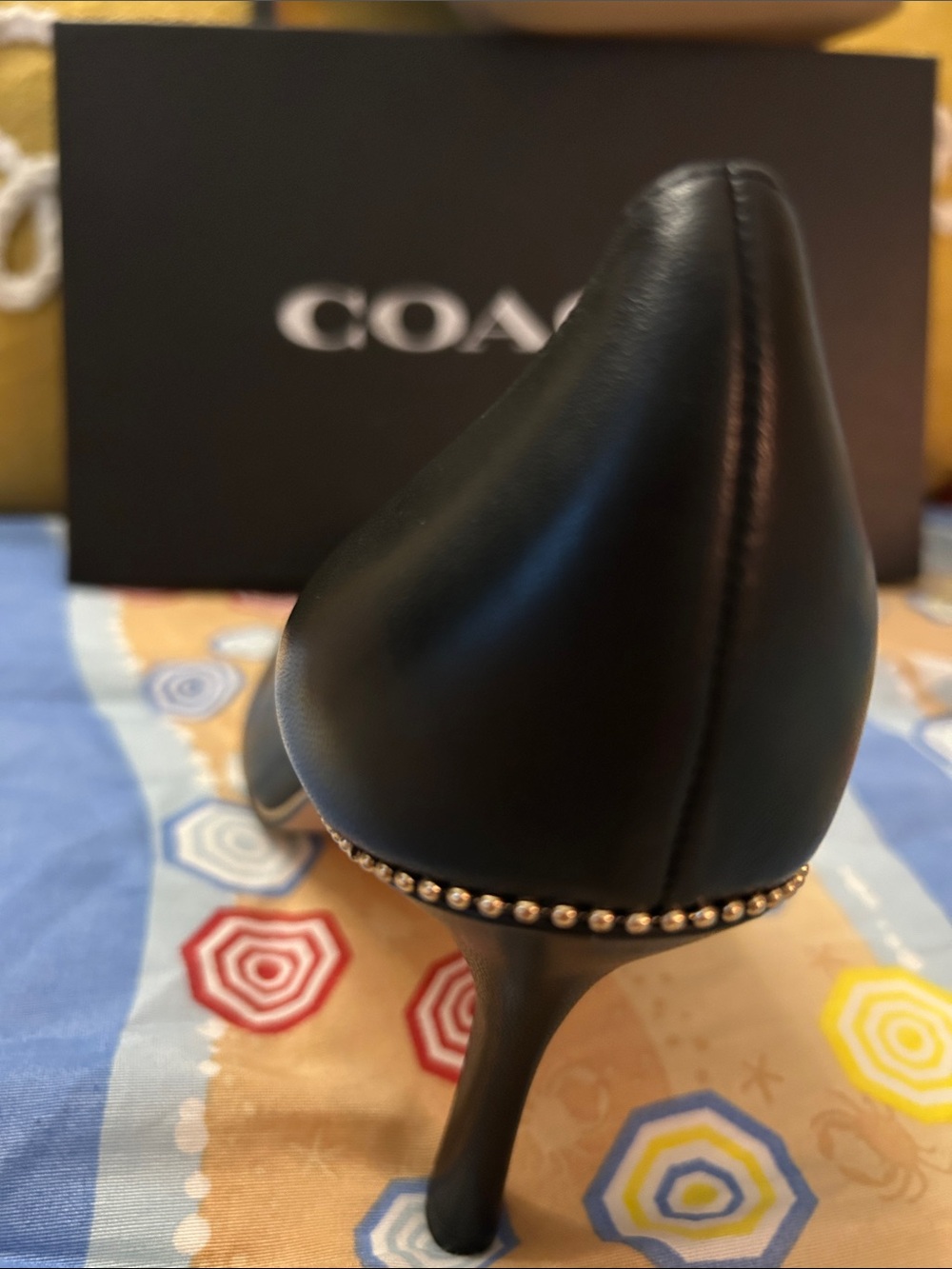 COACH Black Leather Pointed Toe Stiletto Pumps with Stud Trim - Picture 6 of 7